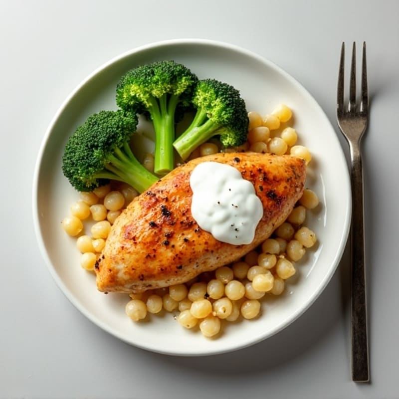 Seared Chicken Breast with Creamy Chickpea Pasta and Broccoli