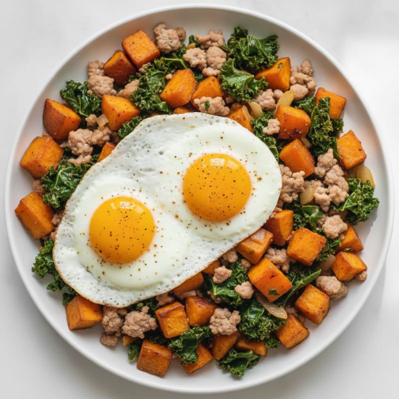 Egg and Sweet Potato Hash with Sautéed Kale
