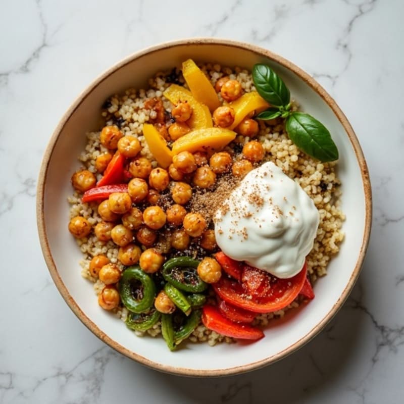 Roasted Vegetable and Crispy Chickpea Quinoa Bowl with Creamy Tahini-Yogurt Dressing