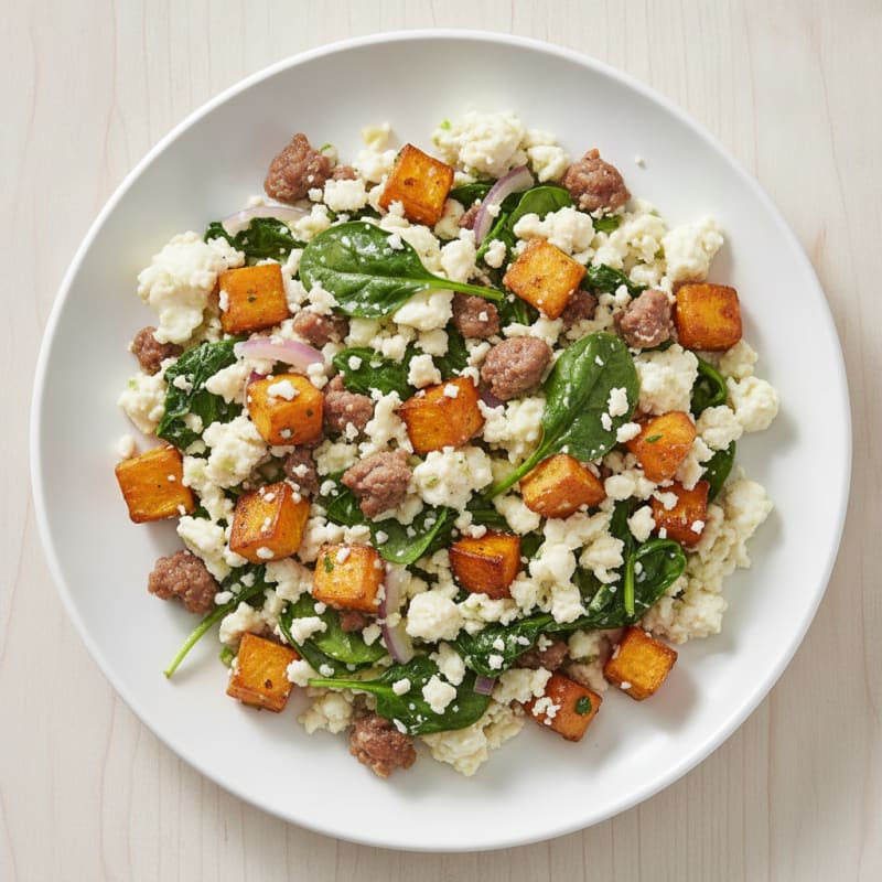 Egg White and Turkey Sausage Scramble with Spinach and Roasted Sweet Potatoes