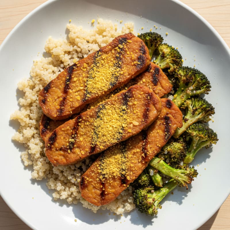 Grilled Tempeh with Quinoa and Roasted Broccoli