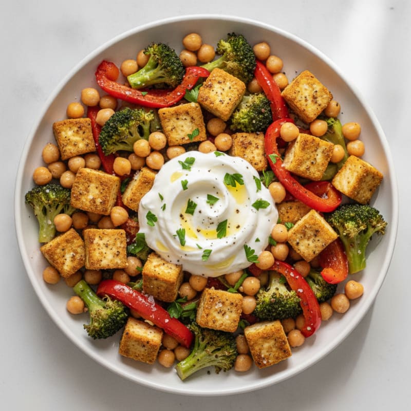 Roasted Vegetable and Tofu Medley with Herbed Yogurt