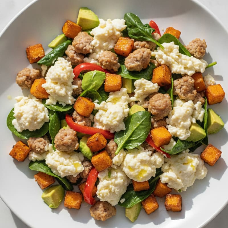 Egg White and Turkey Sausage Scramble with Roasted Sweet Potato