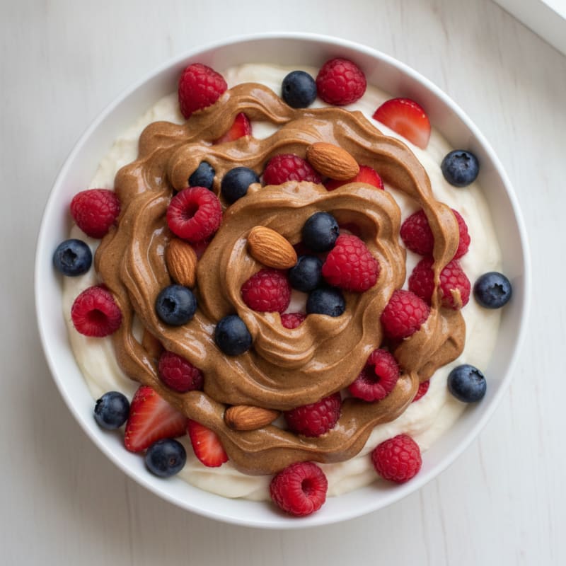 Greek Yogurt Protein Pudding with Mixed Berries and Almond Butter