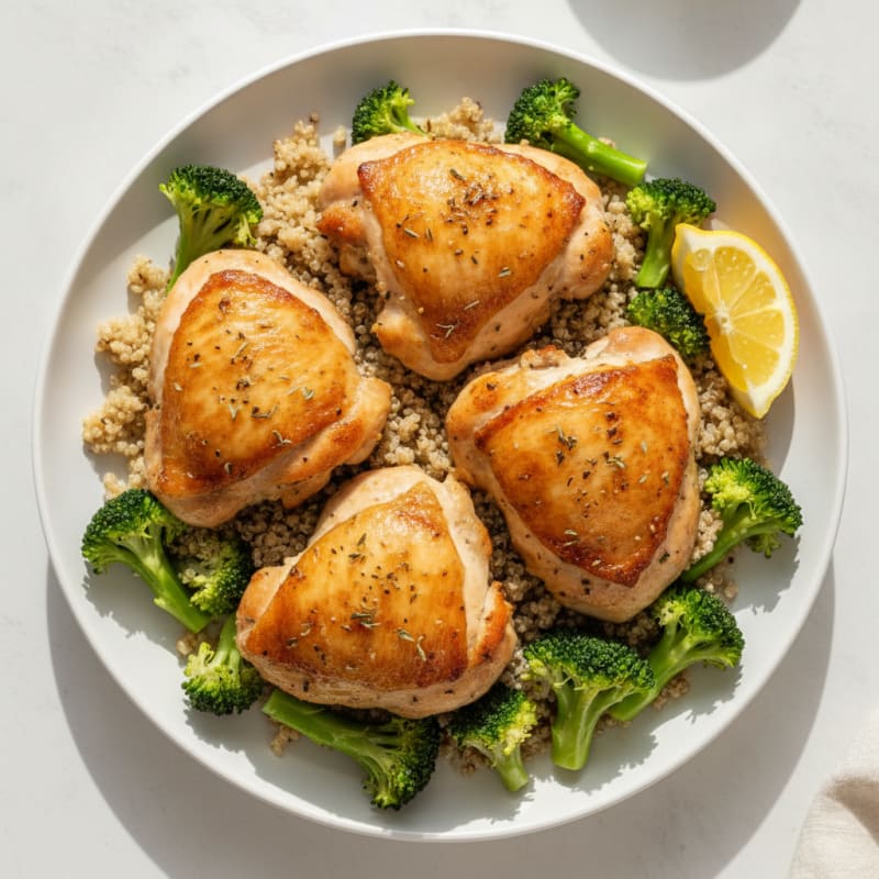 Herb-Roasted Chicken Thighs with Steamed Broccoli and Quinoa