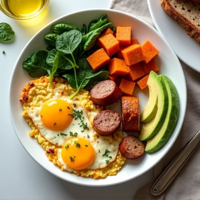 Crispy Turkey Sausage and Egg White Scramble with Roasted Sweet Potatoes