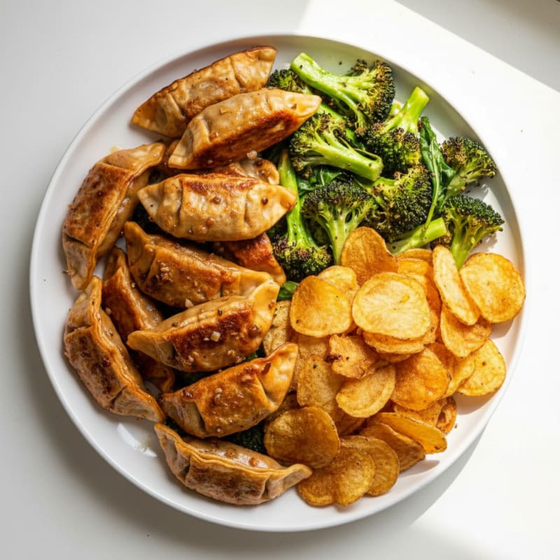Pan-Seared Beef Dumplings with Roasted Broccoli and Baked Potato Chips