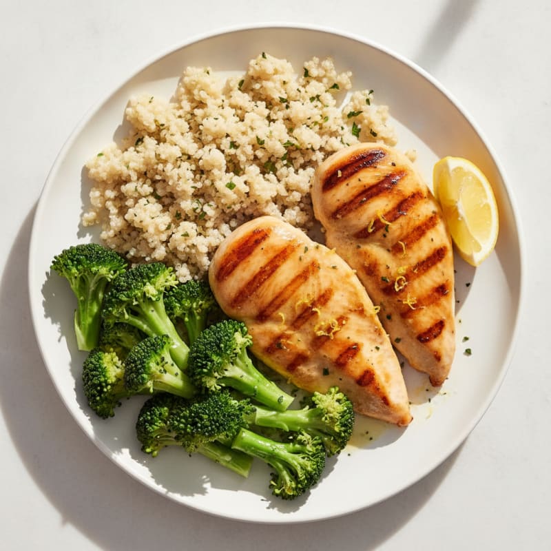 Grilled Chicken Breast with Quinoa and Steamed Broccoli