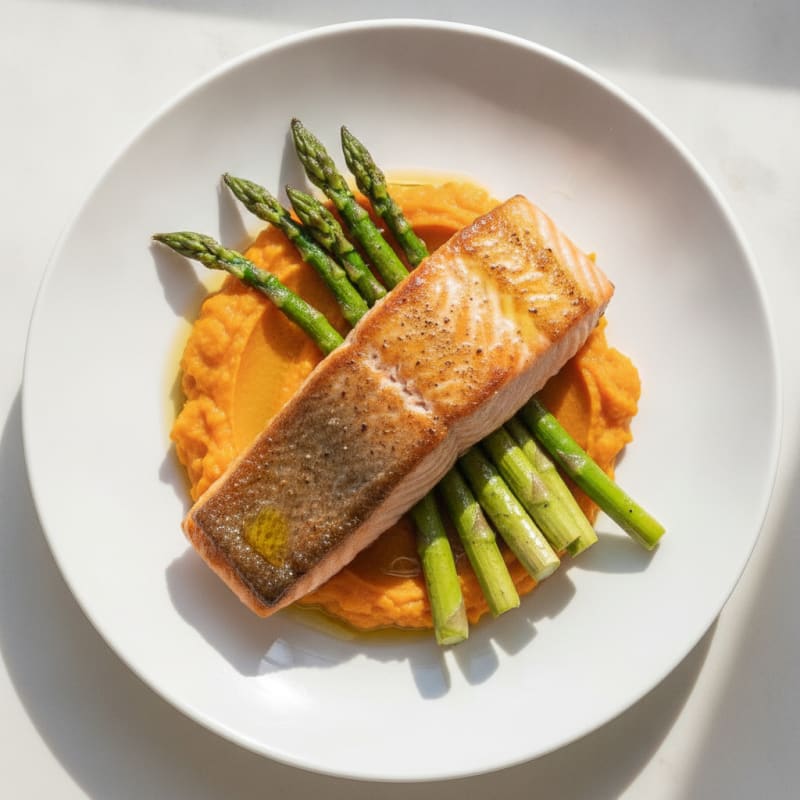 Seared Salmon Fillet with Roasted Asparagus and Sweet Potato Mash