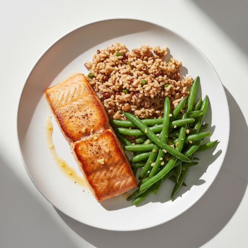 Seared Salmon with Garlic Green Beans and Brown Rice