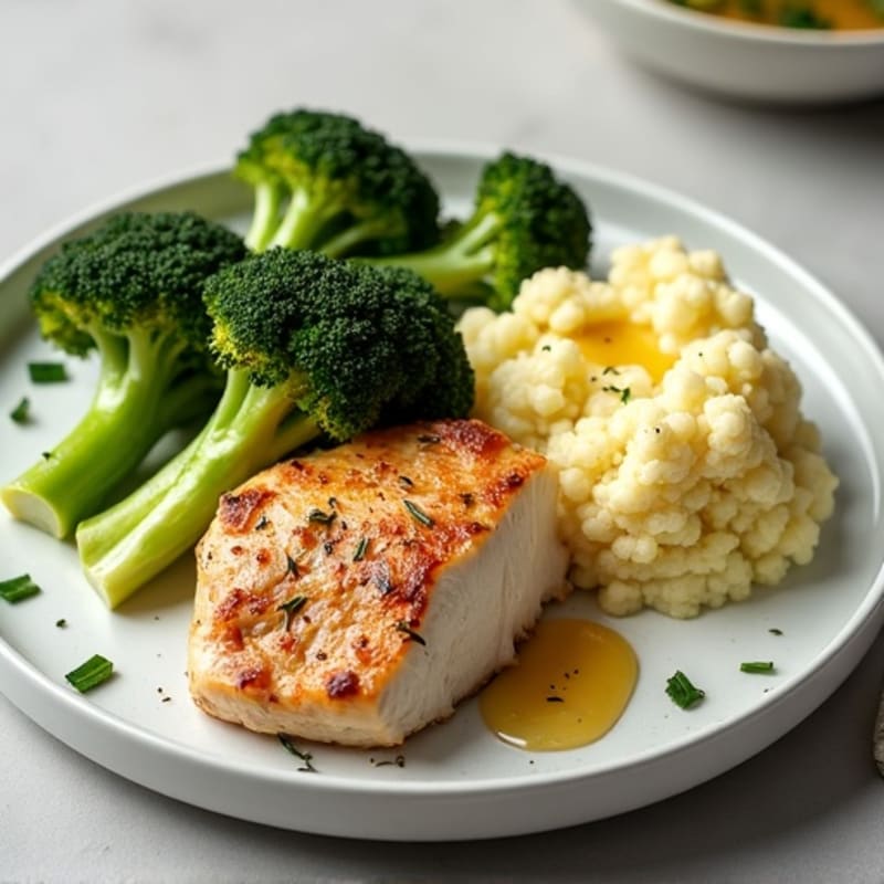 Seared Turkey Breast with Roasted Broccoli and Garlic Mashed Cauliflower