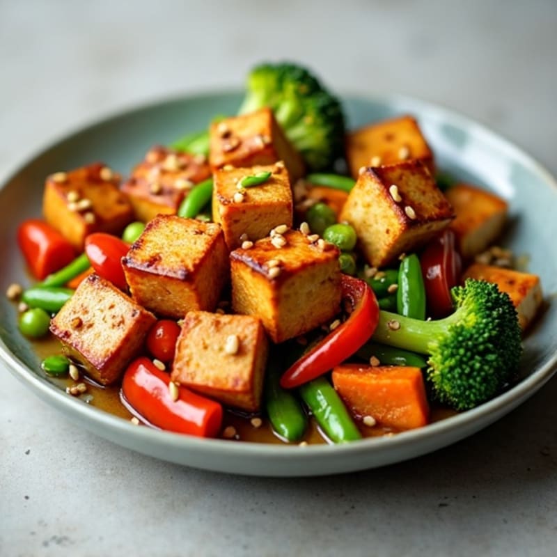 Crispy Sesame-Glazed Tofu with Ginger Stir-Fried Vegetables