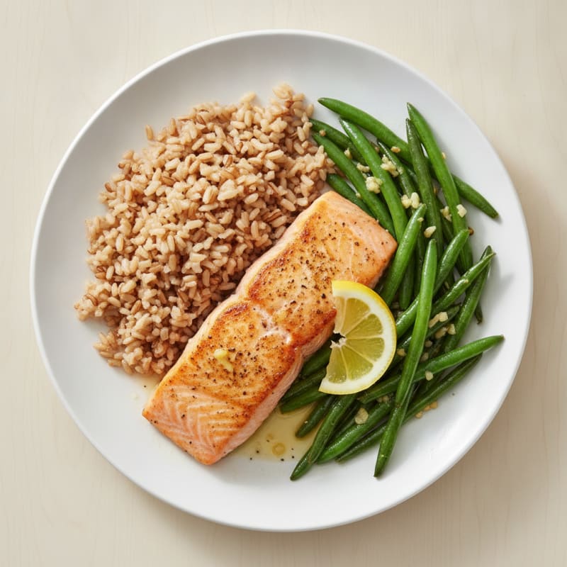 Seared Salmon with Garlic Green Beans and Brown Rice