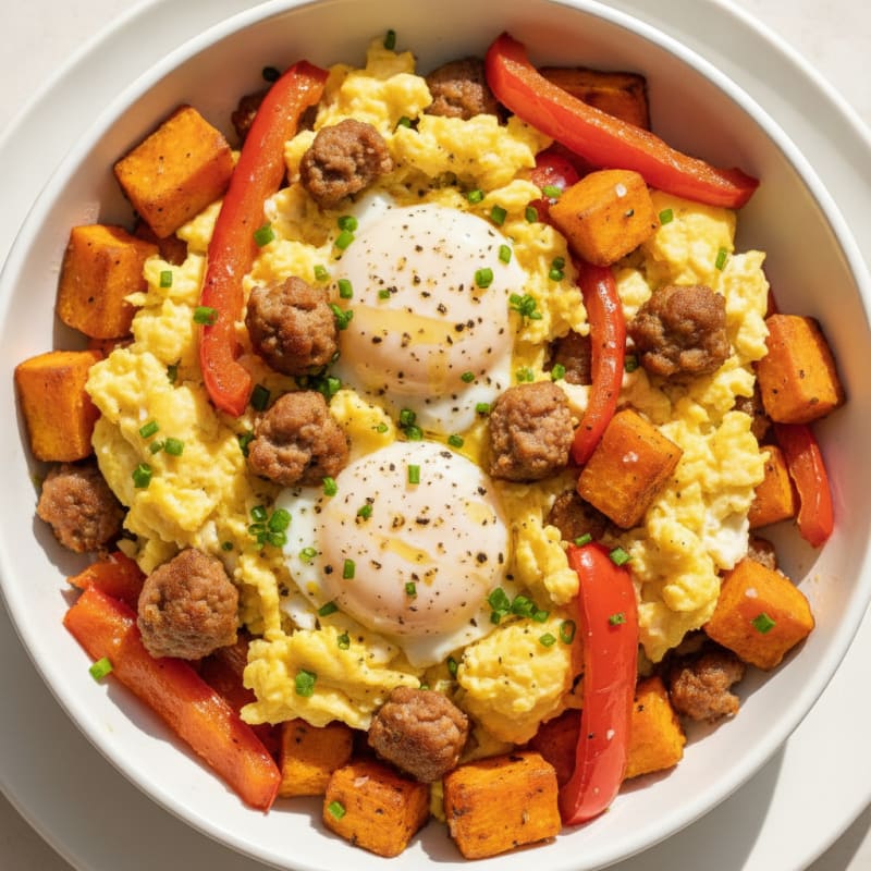 Hearty Scrambled Eggs with Roasted Vegetables