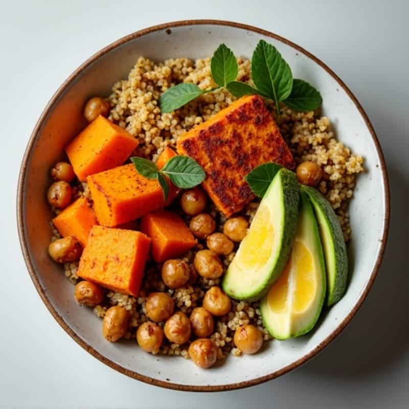 Crispy Baked Tofu with Roasted Sweet Potato Quinoa Bowl