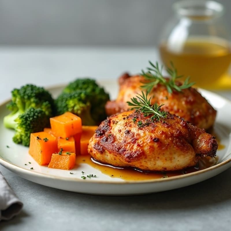 Crispy Baked Chicken Thighs with Roasted Sweet Potatoes and Broccoli