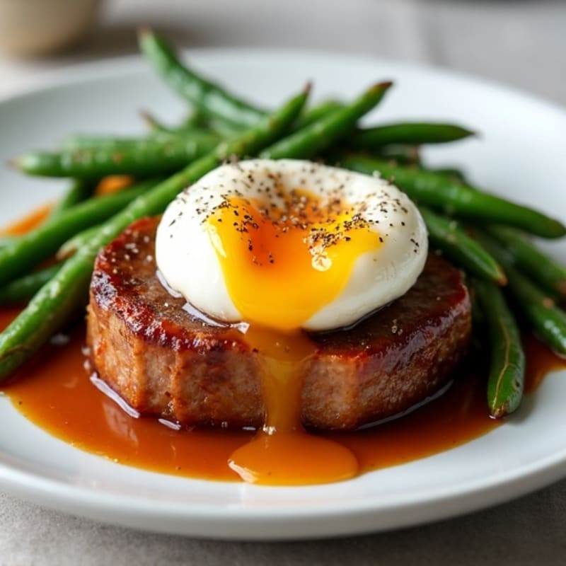 Tender Slow-Braised Pork Belly with Roasted Green Beans and Poached Egg