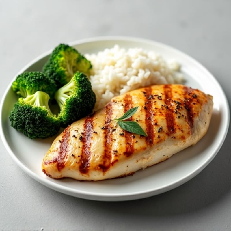 Grilled Chicken Breast with Steamed Rice and Roasted Broccoli