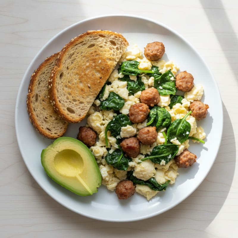 Egg White and Spinach Scramble with Turkey Sausage