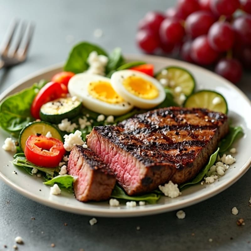 Grilled Beef Steak Salad with Roasted Vegetables and Feta