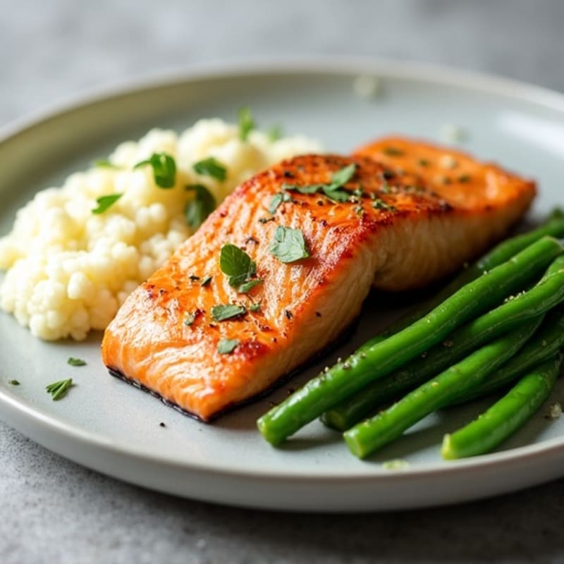 Seared Salmon Fillet with Garlic Green Beans and Cauliflower Mash