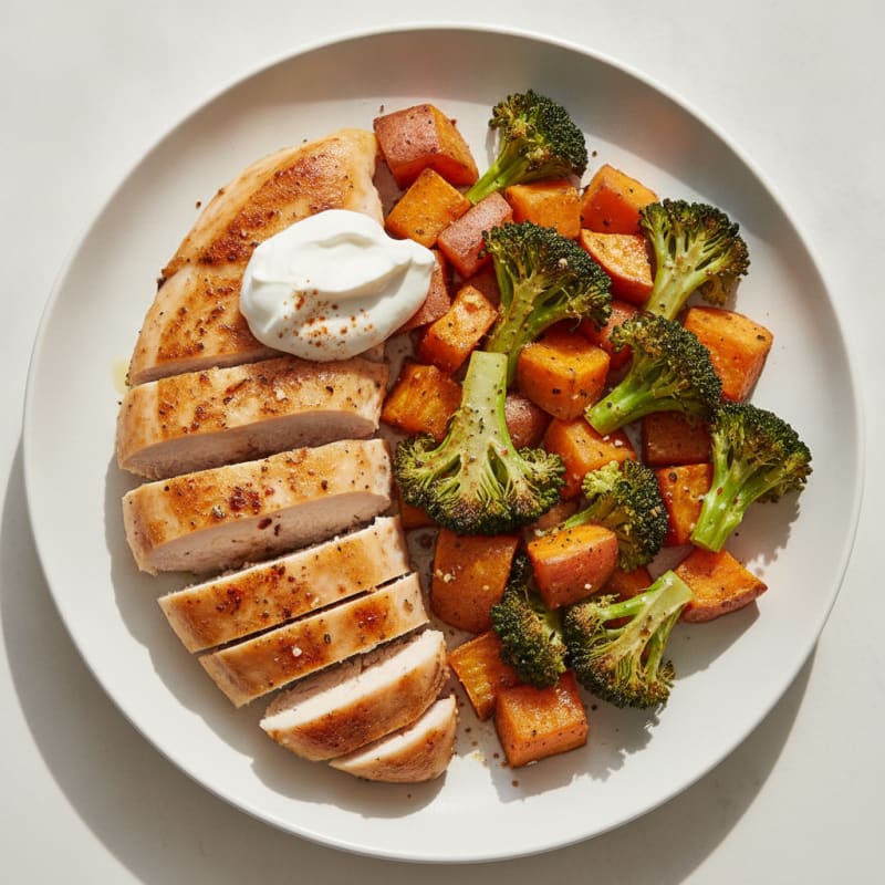 Oven-Baked Chicken Breast with Roasted Broccoli and Sweet Potato