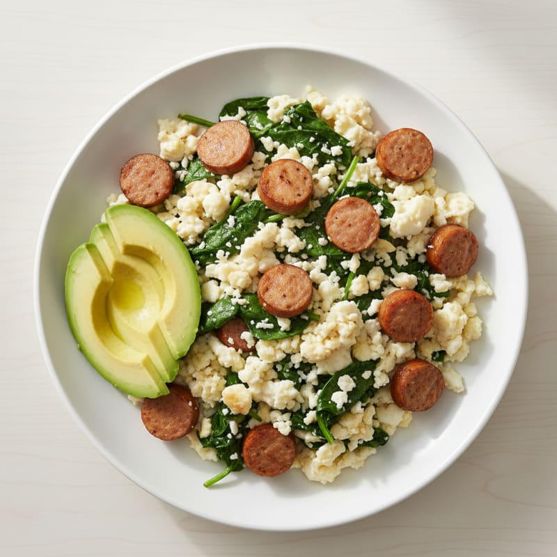 Egg White and Turkey Sausage Scramble with Sautéed Spinach