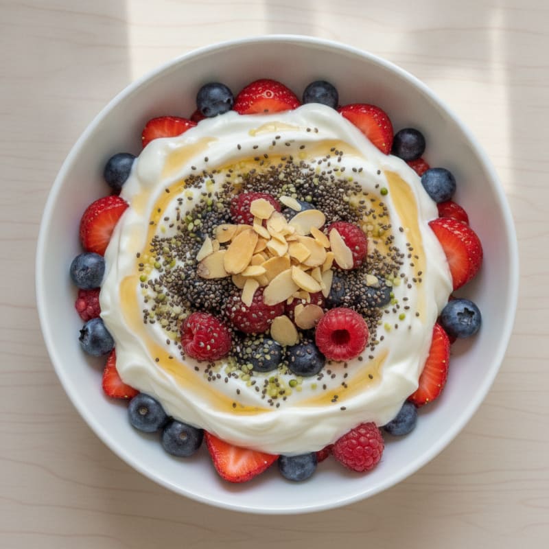 Greek Yogurt Protein Parfait with Mixed Berries and Chia Seeds