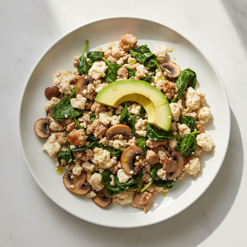 Egg White and Turkey Spinach Scramble with Sautéed Mushrooms