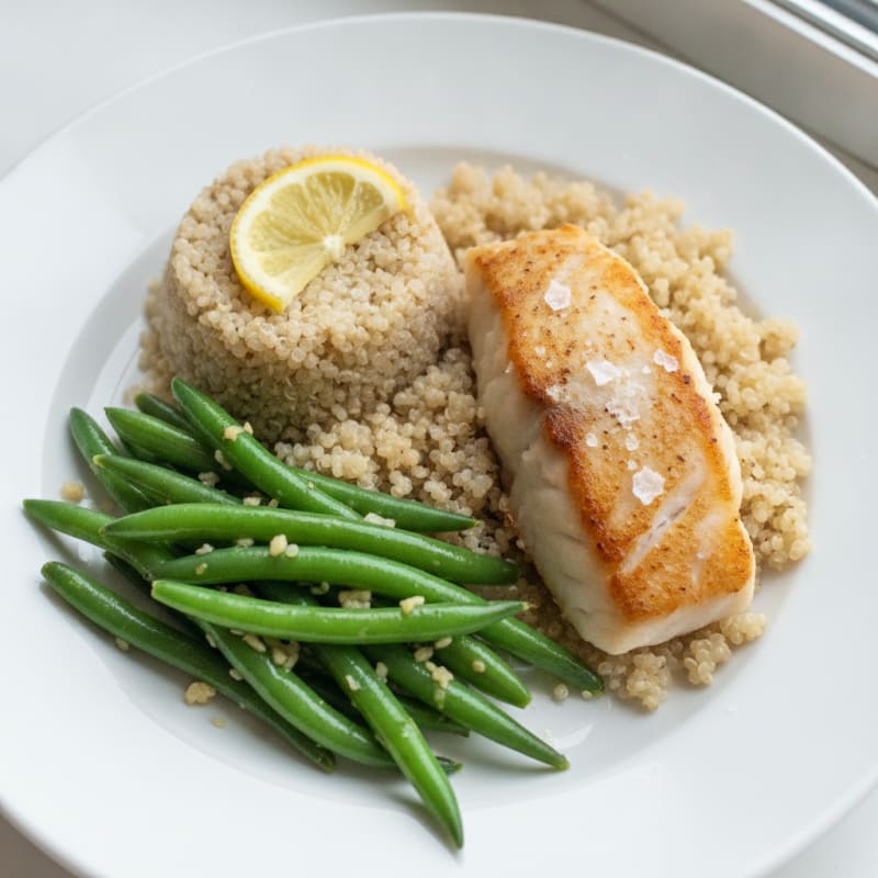Seared White Fish with Garlic Green Beans and Quinoa