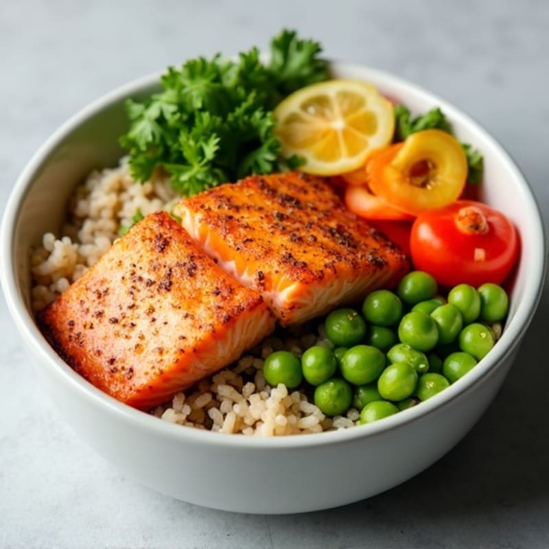 Crispy Salmon and Fresh Vegetable Rice Bowl