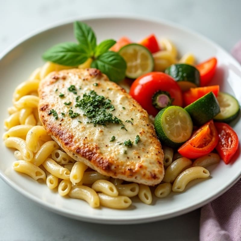 Chicken with Creamy Pesto Pasta and Roasted Vegetables