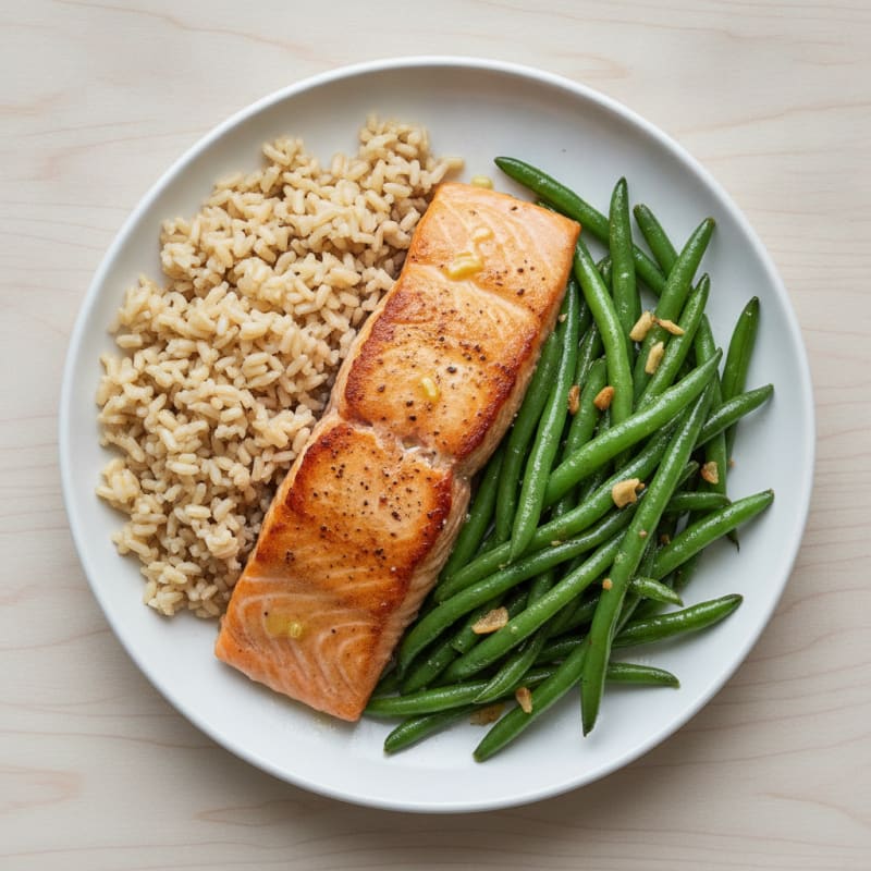 Seared Salmon with Garlic Green Beans and Brown Rice