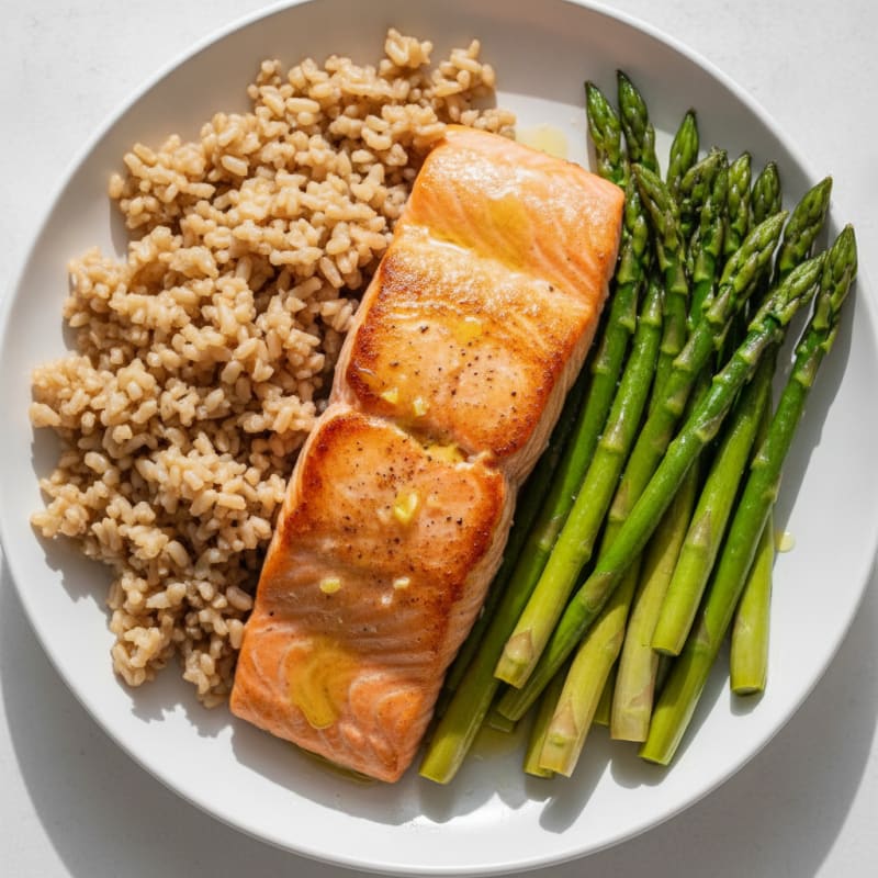 Seared Salmon with Steamed Asparagus and Brown Rice