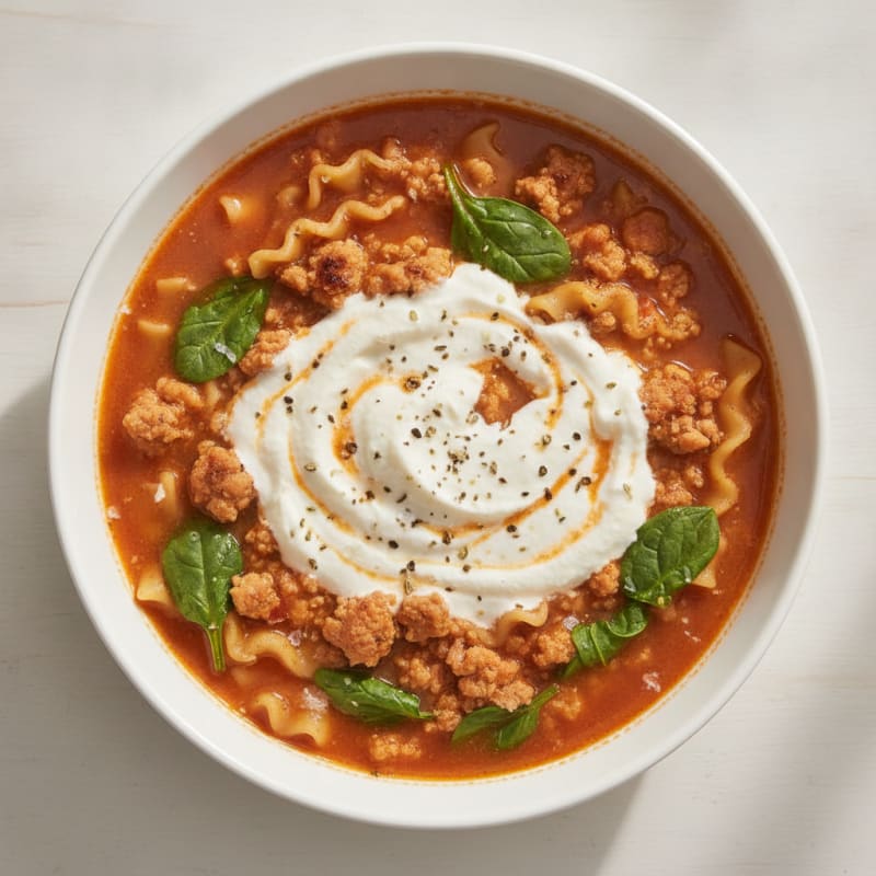 Hearty Lasagna Soup with Ricotta Swirl