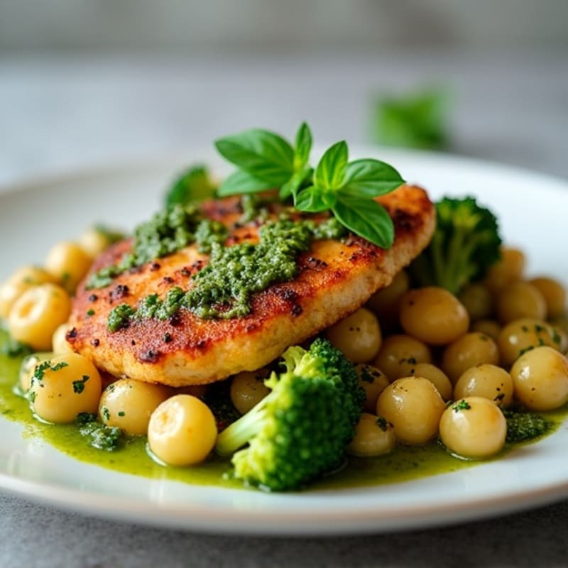 Crispy Chicken and Roasted Broccoli Gnocchi with Bright Basil Pesto