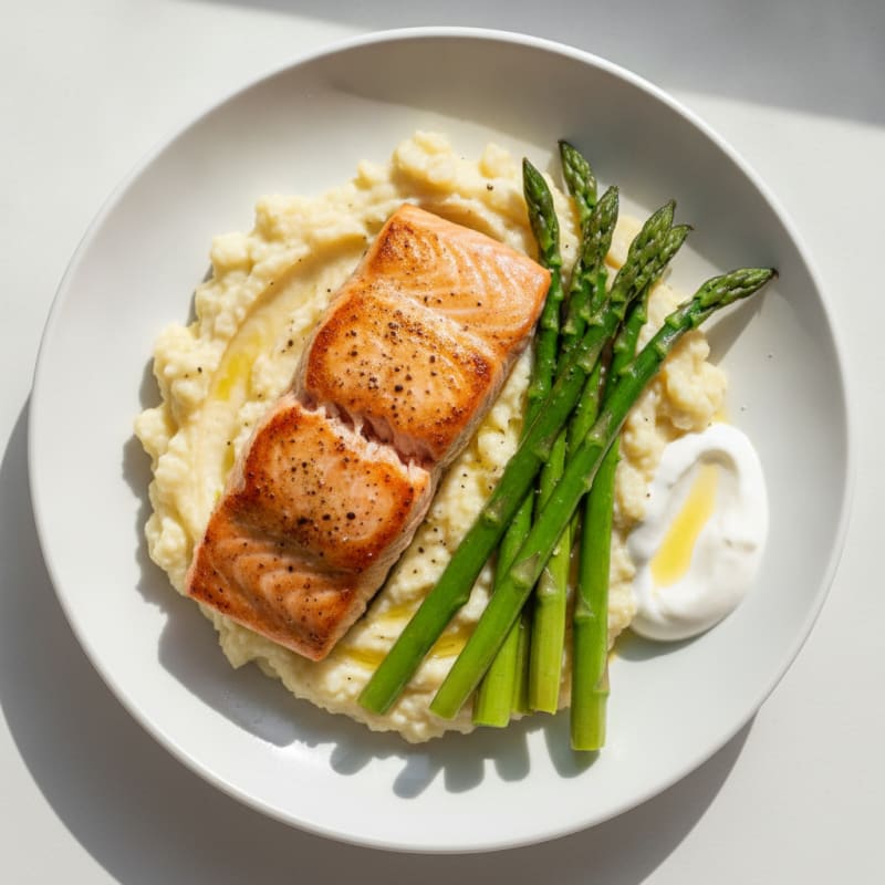 Seared Salmon with Steamed Asparagus and Cauliflower Mash