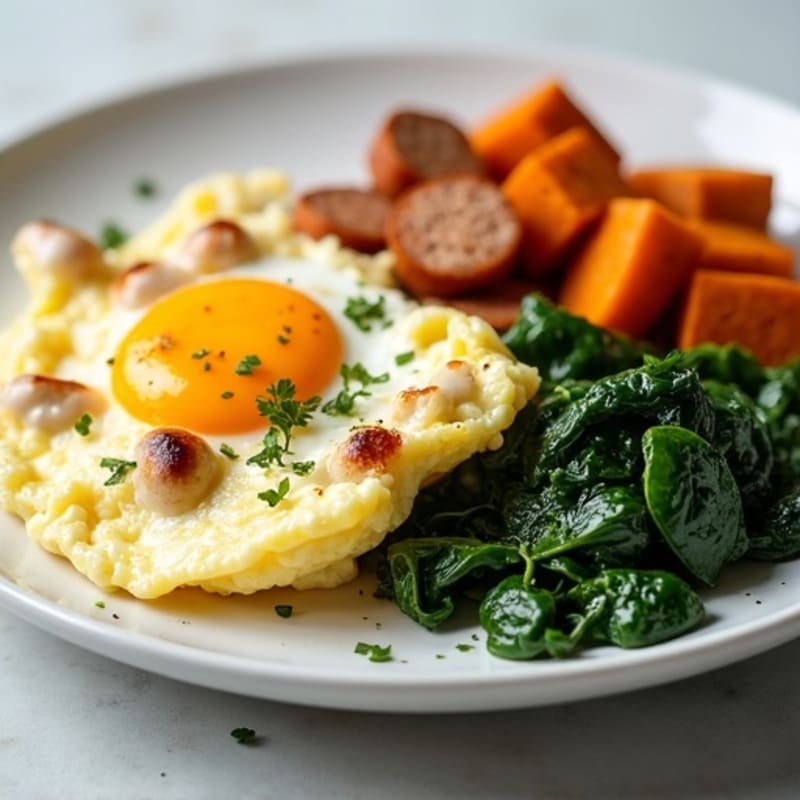 Egg White and Turkey Sausage Scramble with Sautéed Spinach and Sweet Potato