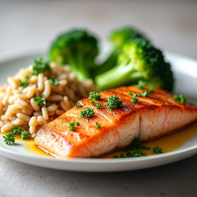 Seared Salmon with Steamed Broccoli and Herbed Brown Rice