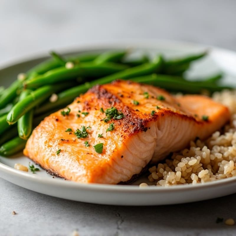 Seared Salmon with Steamed Green Beans and Brown Rice