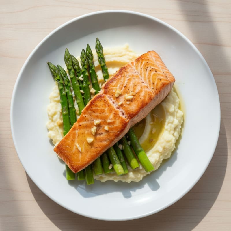 Seared Salmon Fillet with Steamed Asparagus and Cauliflower Mash
