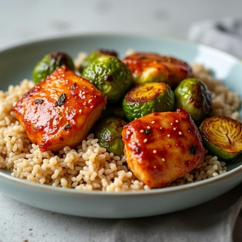 Spicy Gochujang Chicken Thighs with Roasted Brussels Sprouts and Brown Rice