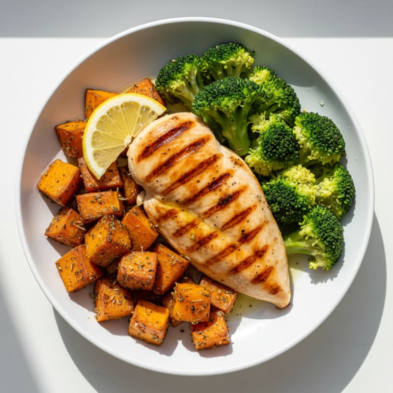 Grilled Chicken Breast with Roasted Sweet Potato and Steamed Broccoli