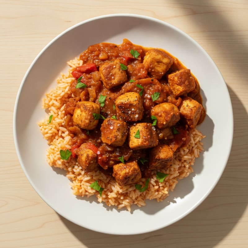 Hearty Soy Goulash with Paprika Rice