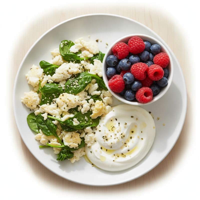 Egg White Spinach Scramble with Greek Yogurt and Berries