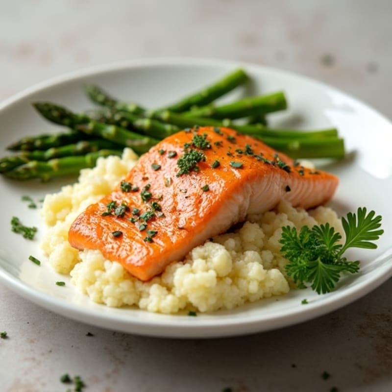 Seared Salmon with Steamed Asparagus and Garlic Mashed Cauliflower