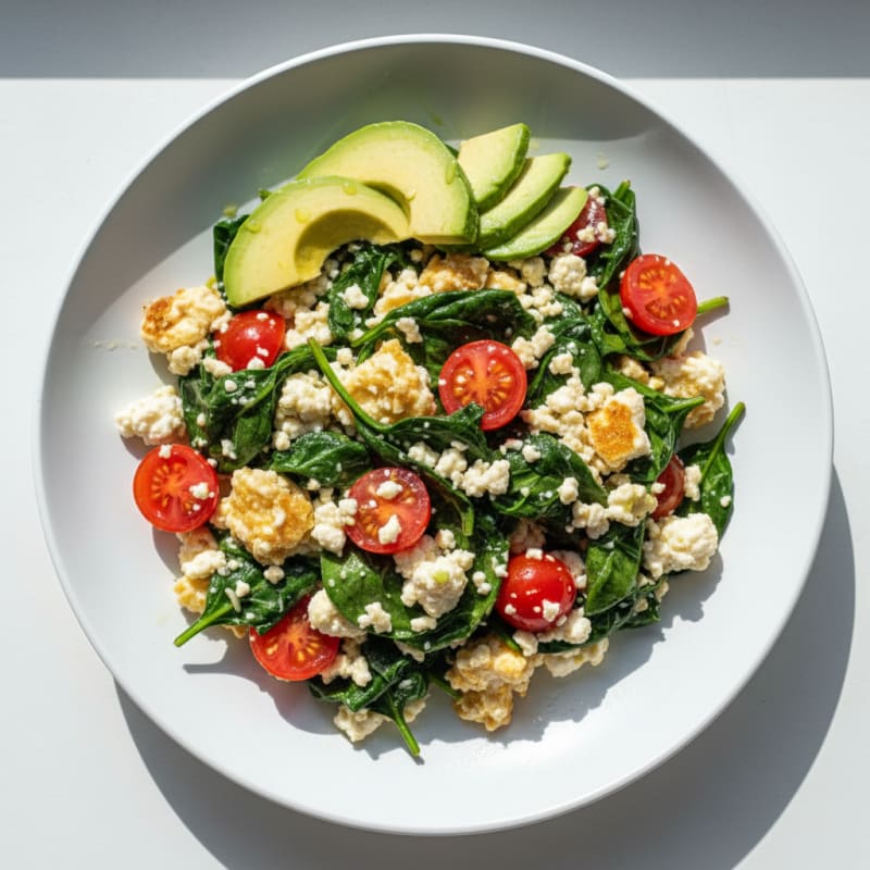 Cottage Cheese Egg White Scramble with Spinach and Cherry Tomatoes