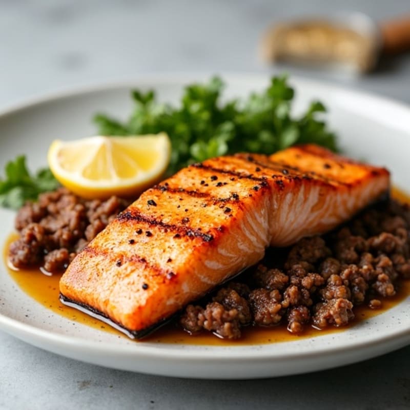 Grilled Salmon Fillet with Sautéed Ground Beef