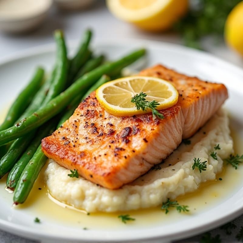 Seared Salmon with Garlic Green Beans and Cauliflower Mash