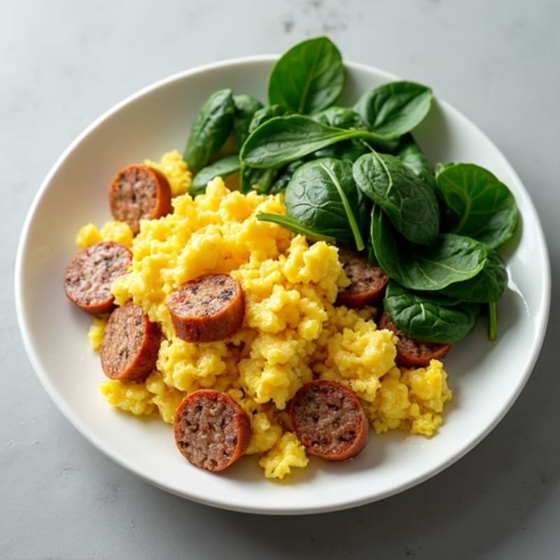 Lean Turkey Sausage and Egg Scramble with Fresh Spinach